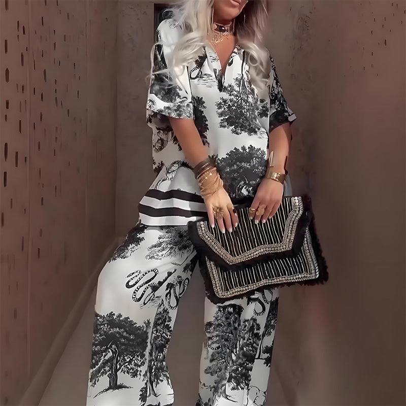 👗 PROMO LIMITÉE 50% DE RÉDUCTION ! 👕 Ensemble Haut Imprimé Col V + Pantalon Long Femme – Style Élégant, Léger & Confortable pour l'Été 🌞