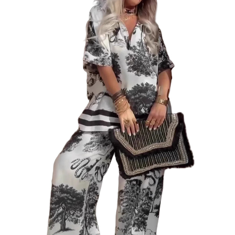 👗 PROMO LIMITÉE 50% DE RÉDUCTION ! 👕 Ensemble Haut Imprimé Col V + Pantalon Long Femme – Style Élégant, Léger & Confortable pour l'Été 🌞