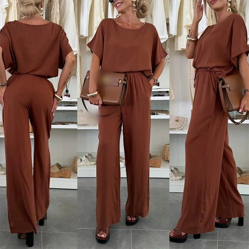 Ensemble 2 pièces - Top à manches courtes et pantalon à cordon de serrage - couleur unie