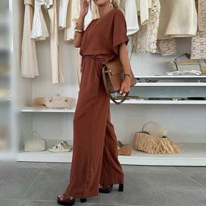 Ensemble 2 pièces - Top à manches courtes et pantalon à cordon de serrage - couleur unie