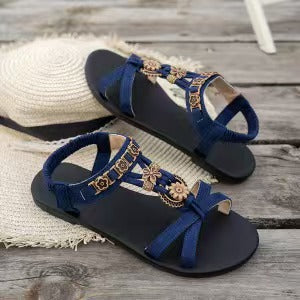 👡🌬️ PROMO FLASH 50% ! Sandales Plates Femme Respirantes – Bout Rond, Détails Floraux Métalliques, Bride Cheville Réglable, Semelle Douce, Parfaites pour l'Été & le Quotidien 🌸