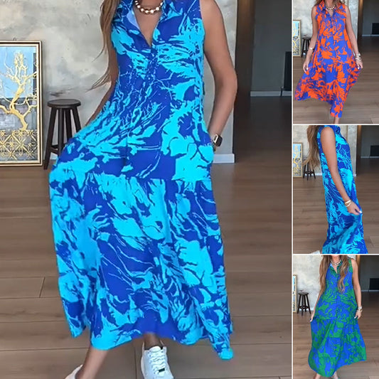 🌺 Robe Longue Sans Manches à Imprimé Exotique – Look Île & Coucher de Soleil 🌅 ✨ Tissu Léger & Coupe Élégante – Sublimez Votre Été avec Style !👗