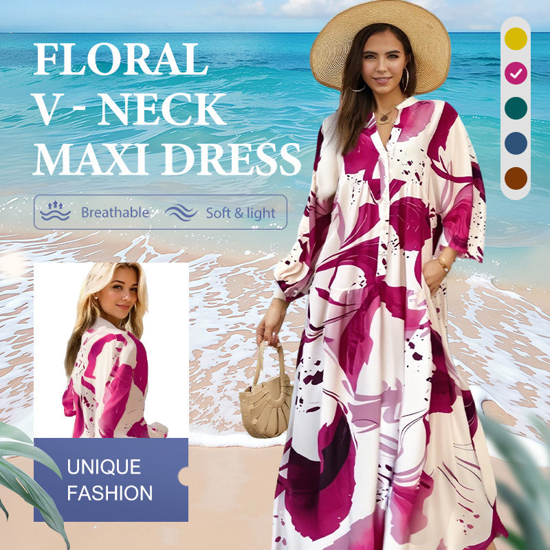 💎 60% DE RÉDUCTION ! 💎 Robe Longue à Col V pour Femmes – Imprimé Floral Abstrait, Tissu Fluide & Parfaite pour l’Été