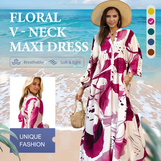 💎 60% DE RÉDUCTION ! 💎 Robe Longue à Col V pour Femmes – Imprimé Floral Abstrait, Tissu Fluide & Parfaite pour l’Été