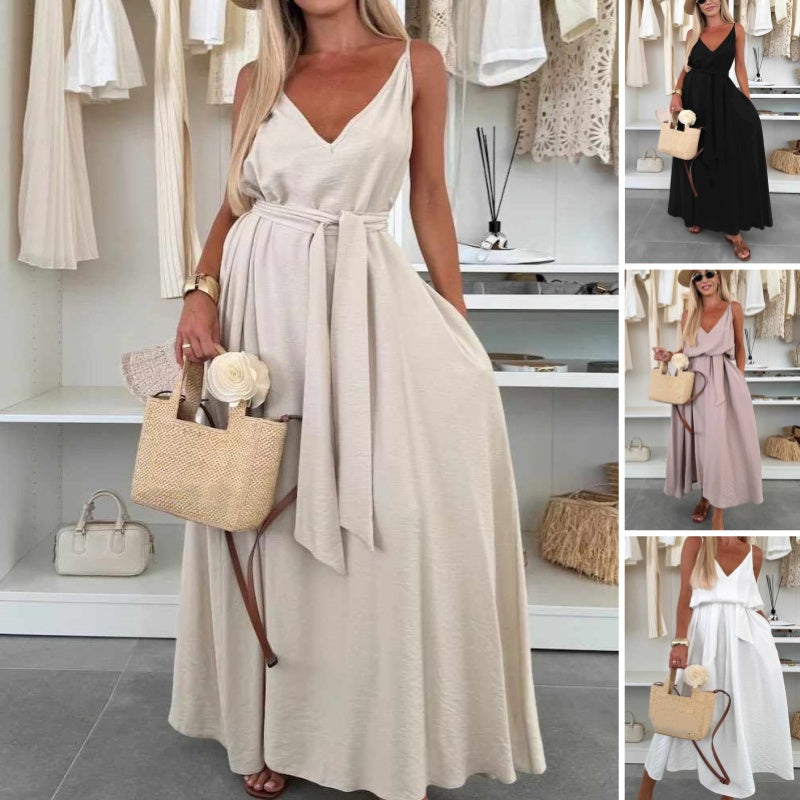 🎀 Robe longue à bretelles spaghetti avec ceinture à la taille pour femme ✨