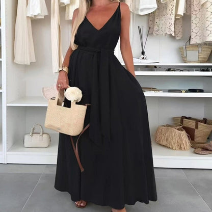 🎀 Robe longue à bretelles spaghetti avec ceinture à la taille pour femme ✨