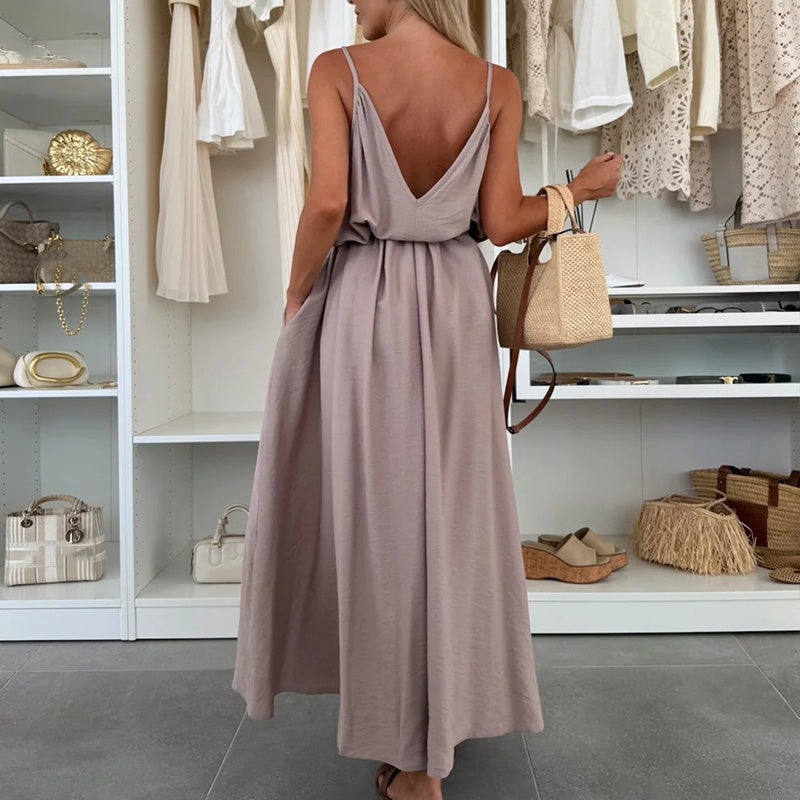 🎀 Robe longue à bretelles spaghetti avec ceinture à la taille pour femme ✨