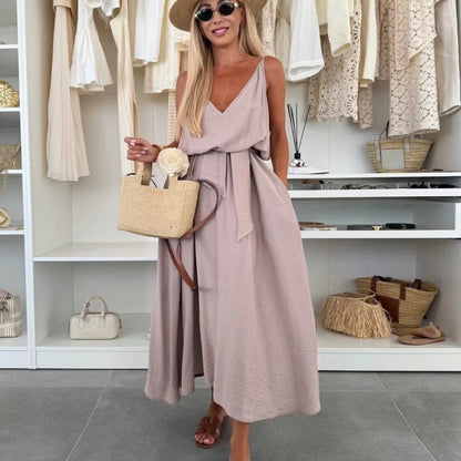 🎀 Robe longue à bretelles spaghetti avec ceinture à la taille pour femme ✨