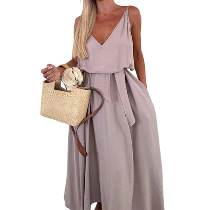 🎀 Robe longue à bretelles spaghetti avec ceinture à la taille pour femme ✨