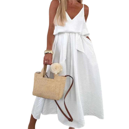 🎀 Robe longue à bretelles spaghetti avec ceinture à la taille pour femme ✨