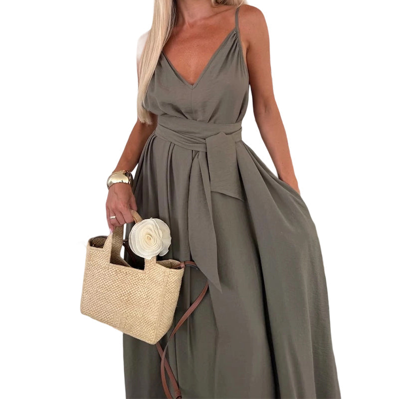 🎀 Robe longue à bretelles spaghetti avec ceinture à la taille pour femme ✨
