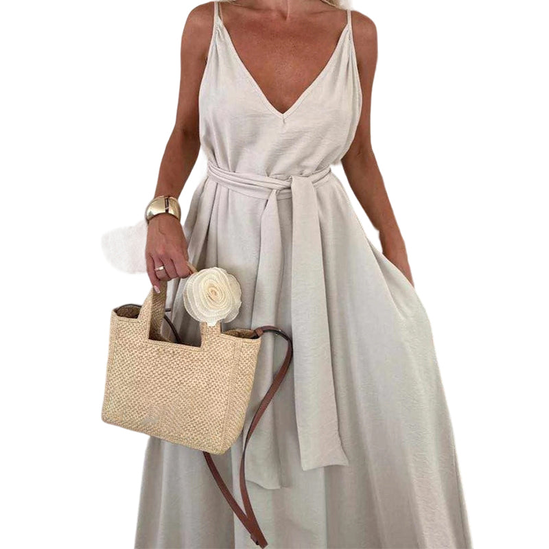 🎀 Robe longue à bretelles spaghetti avec ceinture à la taille pour femme ✨
