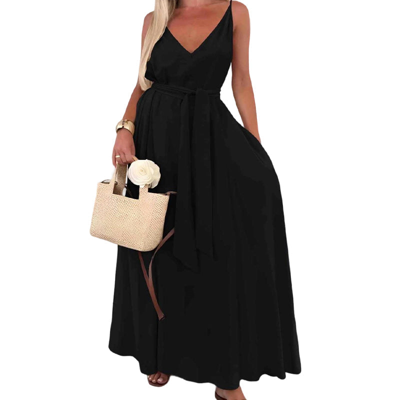 🎀 Robe longue à bretelles spaghetti avec ceinture à la taille pour femme ✨