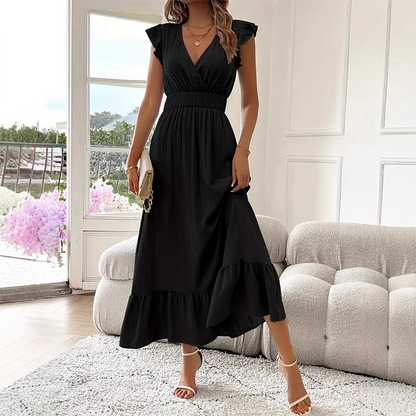 Robe longue à col en V avec taille froncée et volants