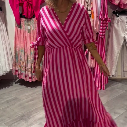 Robe décontractée à rayures et col en V pour femme