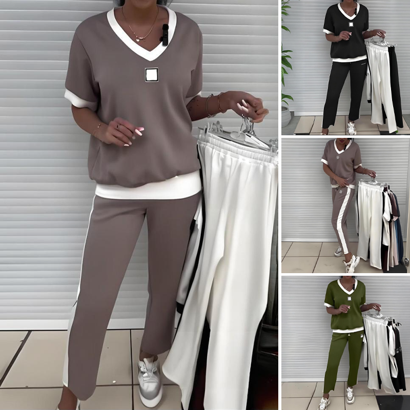 👚 60% DE RÉDUCTION! 💜 Ensemble Pantalon & Top Décontracté à Col V pour Femmes – Tendance, Confortable & Parfait Pour Un Look Décontracté 🌸