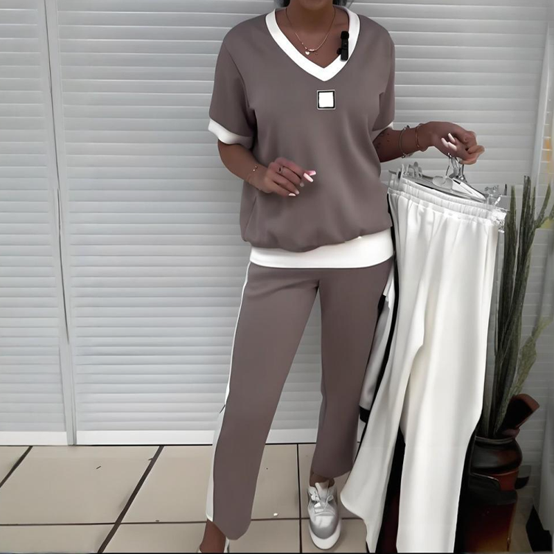 👚 60% DE RÉDUCTION! 💜 Ensemble Pantalon & Top Décontracté à Col V pour Femmes – Tendance, Confortable & Parfait Pour Un Look Décontracté 🌸