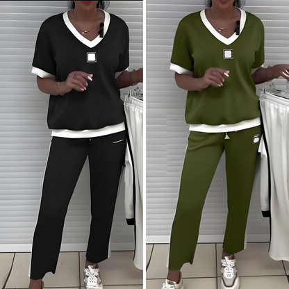 👚 60% DE RÉDUCTION! 💜 Ensemble Pantalon & Top Décontracté à Col V pour Femmes – Tendance, Confortable & Parfait Pour Un Look Décontracté 🌸