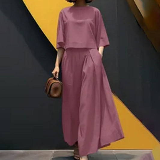 Ensemble 2 pièces décontracté pour femme, t-shirt à col rond et manches 3/4 et pantalon ample