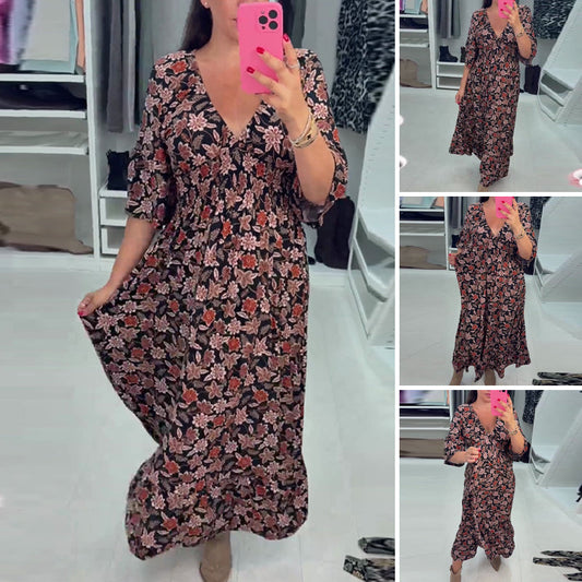 Robe longue imprimée à col en V et manches 3/4