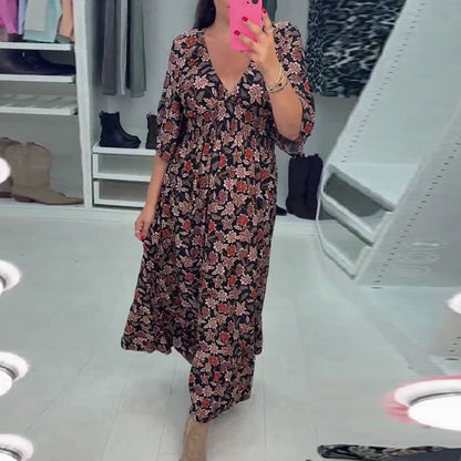 Robe longue imprimée à col en V et manches 3/4