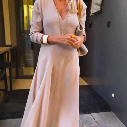 Robe longue à manches longues, col en V et taille haute pour femme