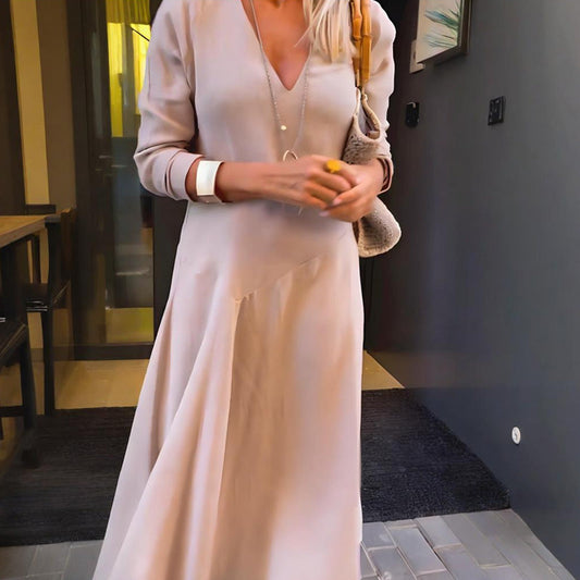 Robe longue à manches longues, col en V et taille haute pour femme