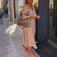 Robe longue à manches longues, col en V et taille haute pour femme