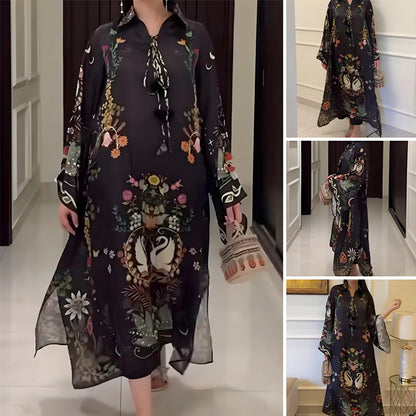 Robe maxi ample imprimée à manches longues et col en V pour femme