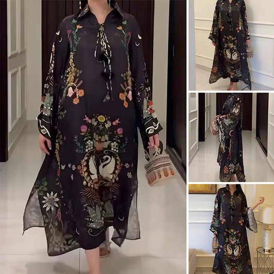 Robe maxi ample imprimée à manches longues et col en V pour femme