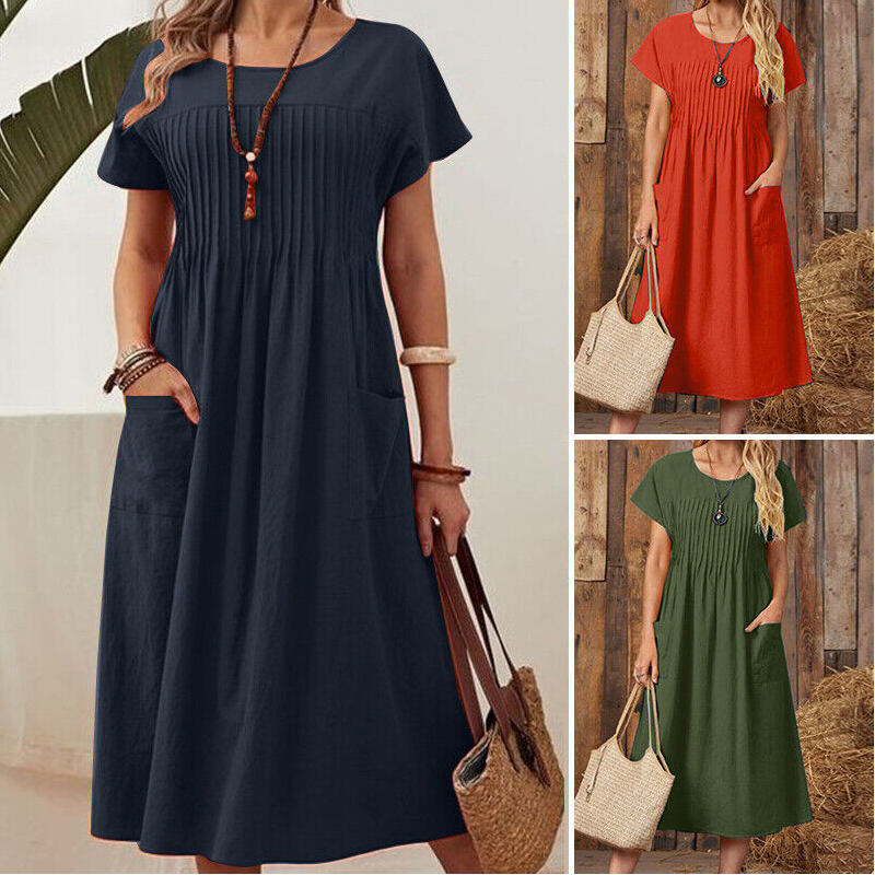 💎 -60% SUR LA ROBE PLISSÉE ÉTÉ ! 💎 Manches Courtes, Poches Pratiques & Tissu Lin-Coton Ultra-Léger