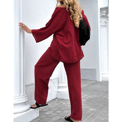 Women's Casual Solid Color Long Sleeve Top & Pants Set