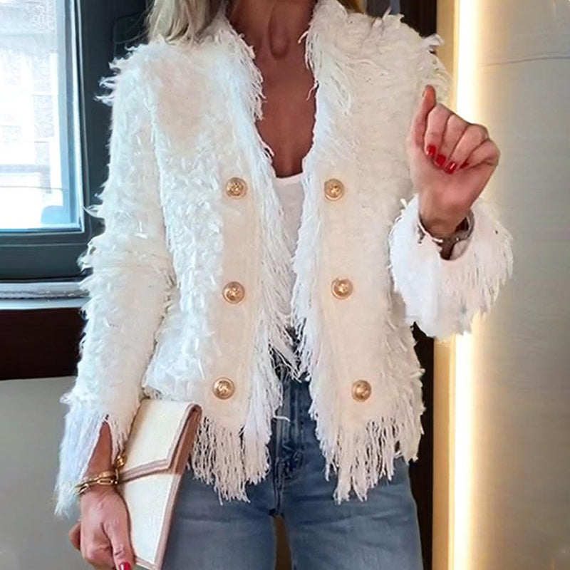 🩷Manteau court à boutons et pompons pour femme🧥