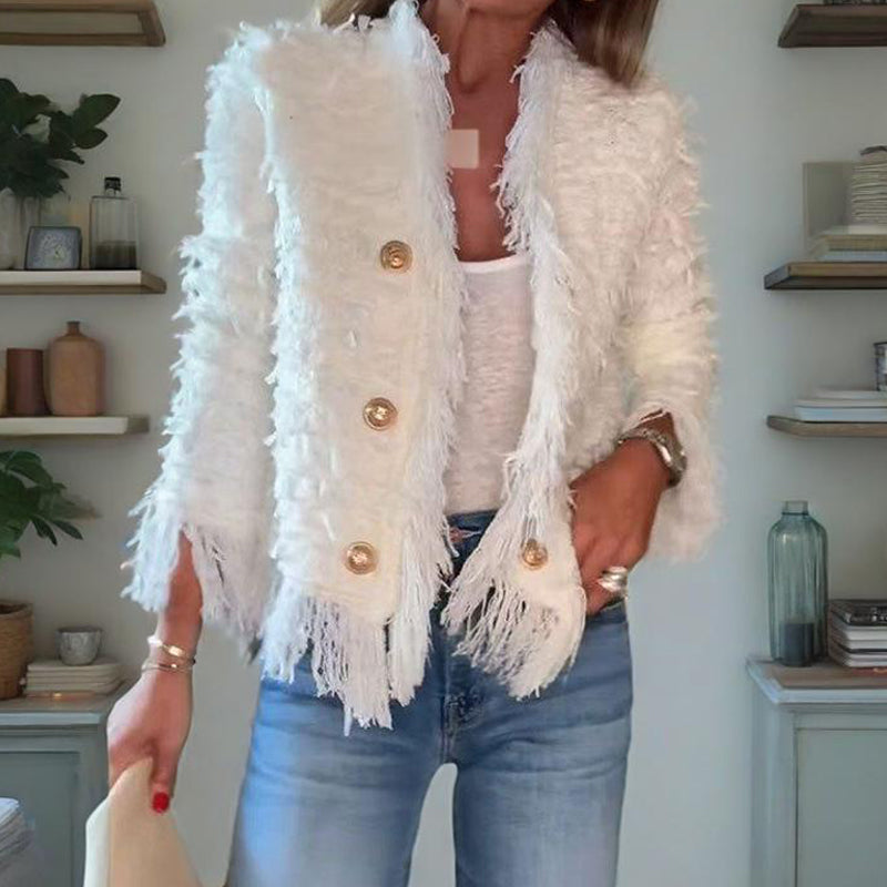 🩷Manteau court à boutons et pompons pour femme🧥