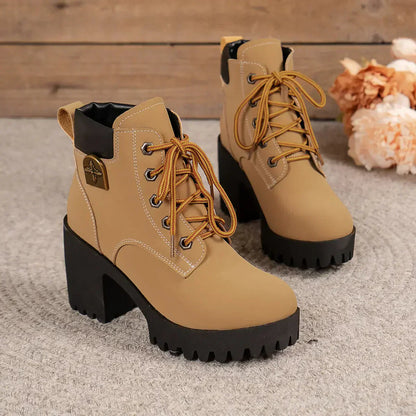 🔥【35-42】👢2025 Nouveauté pour cet automne : bottines à talons épais et semelles compensées – modèle rétro à lacets pour femmes