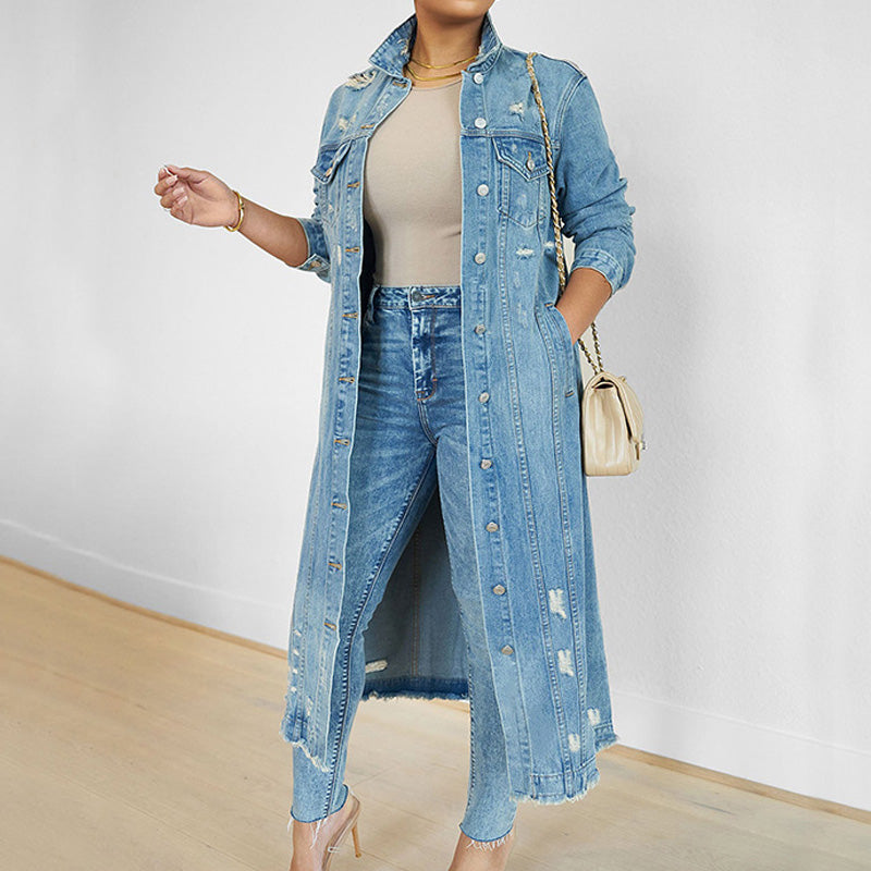 Veste longue en jean déchiré pour femme