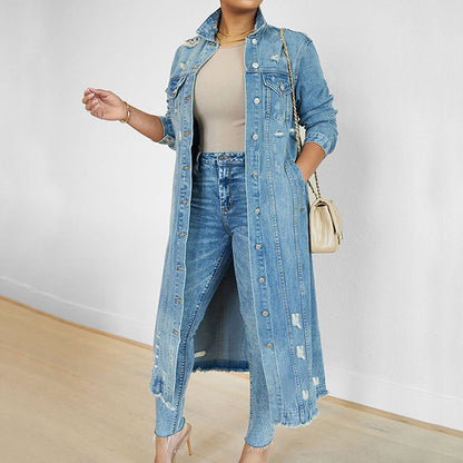Veste longue en jean déchiré pour femme