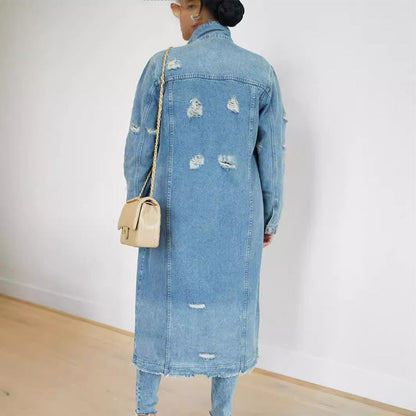 Veste longue en jean déchiré pour femme