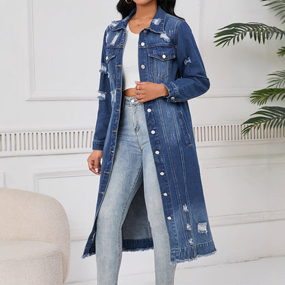 Veste longue en jean déchiré pour femme