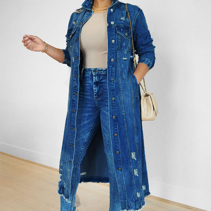 Veste longue en jean déchiré pour femme
