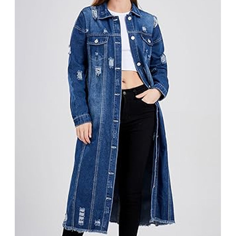Veste longue en jean déchiré pour femme