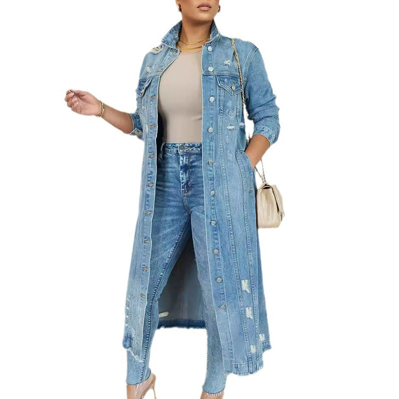 Veste longue en jean déchiré pour femme