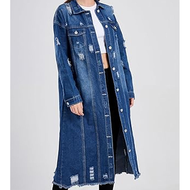 Veste longue en jean déchiré pour femme