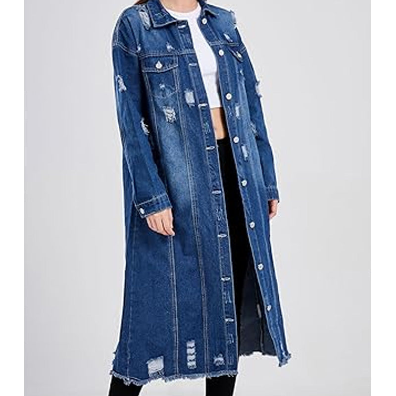 Veste longue en jean déchiré pour femme