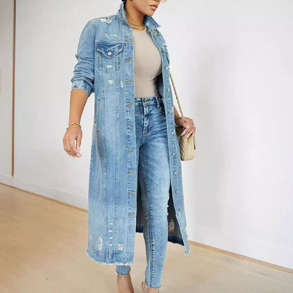 Veste longue en jean déchiré pour femme