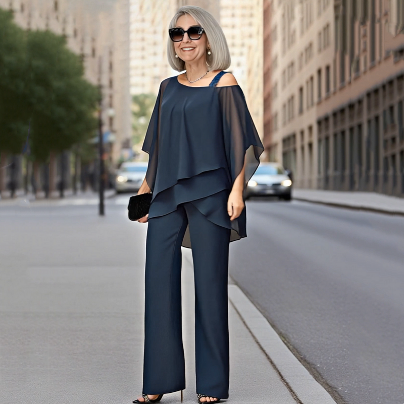 ⏳Spécial à durée limitée⏰Ensemble 2 pièces pour femme composé d'un haut en mousseline asymétrique et d'un pantalon large👚👖