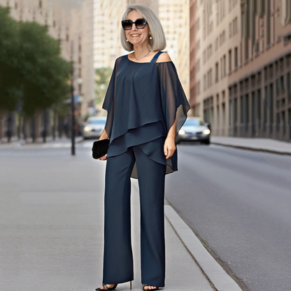 ⏳Spécial à durée limitée⏰Ensemble 2 pièces pour femme composé d'un haut en mousseline asymétrique et d'un pantalon large👚👖