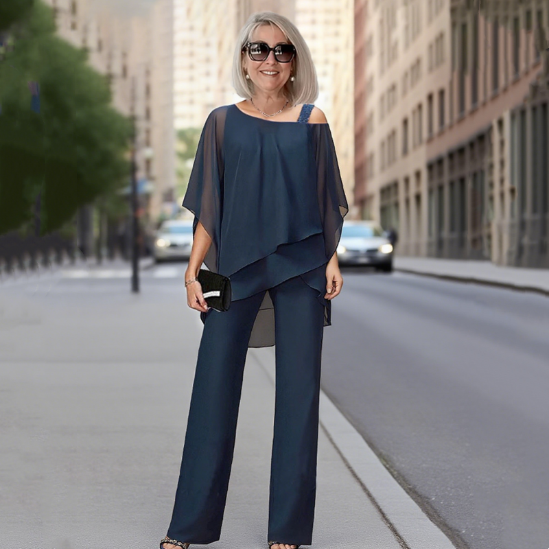 ⏳Spécial à durée limitée⏰Ensemble 2 pièces pour femme composé d'un haut en mousseline asymétrique et d'un pantalon large👚👖