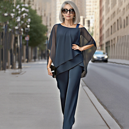 ⏳Spécial à durée limitée⏰Ensemble 2 pièces pour femme composé d'un haut en mousseline asymétrique et d'un pantalon large👚👖
