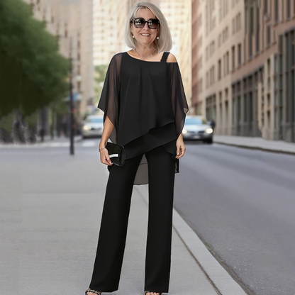 ⏳Spécial à durée limitée⏰Ensemble 2 pièces pour femme composé d'un haut en mousseline asymétrique et d'un pantalon large👚👖